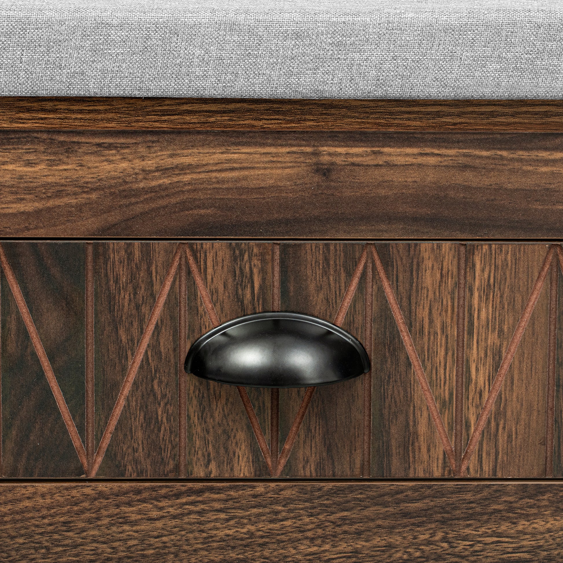 Rustic wood drawer with diamond pattern and black cup pull