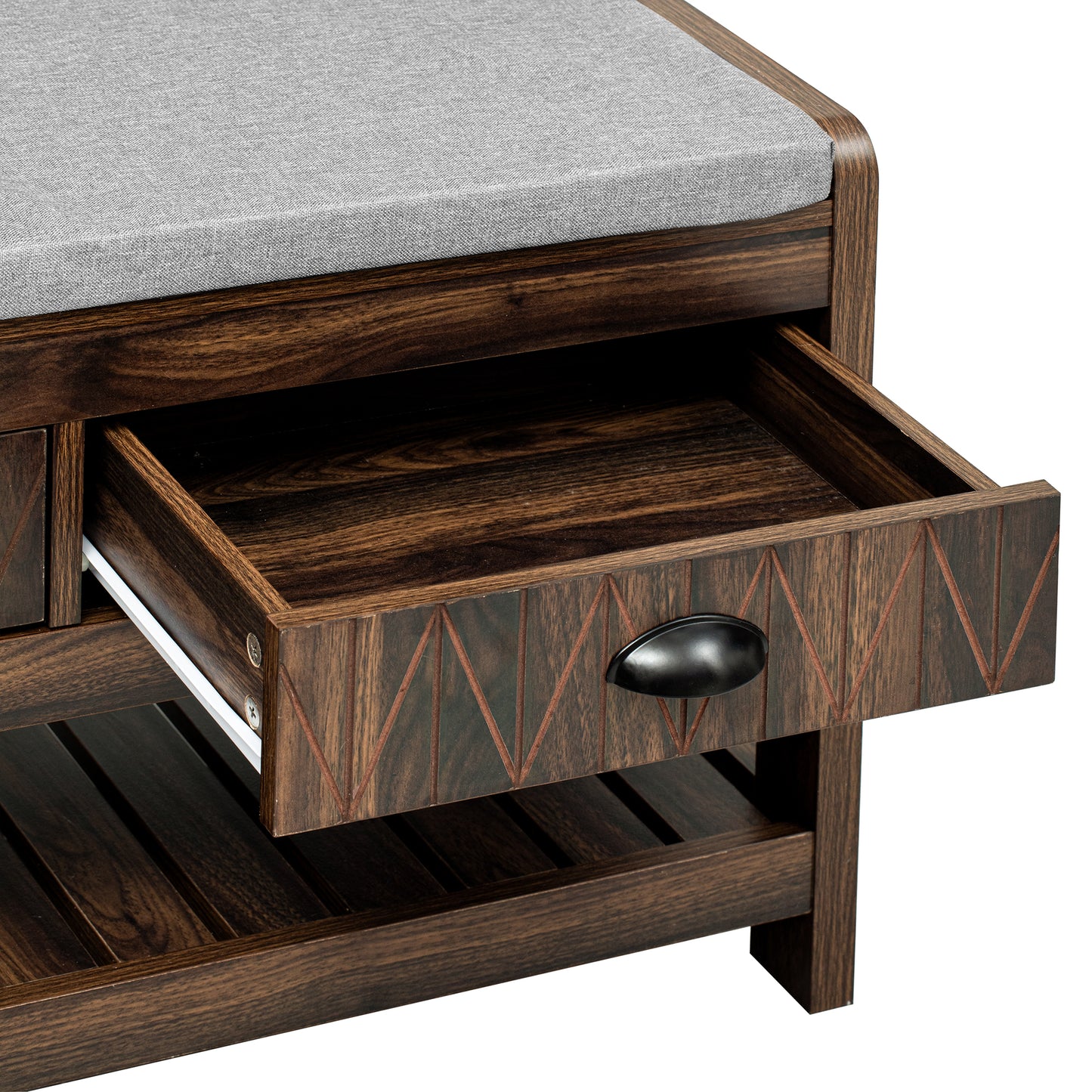 Dark wood entryway bench with grey fabric cushion and an open drawer