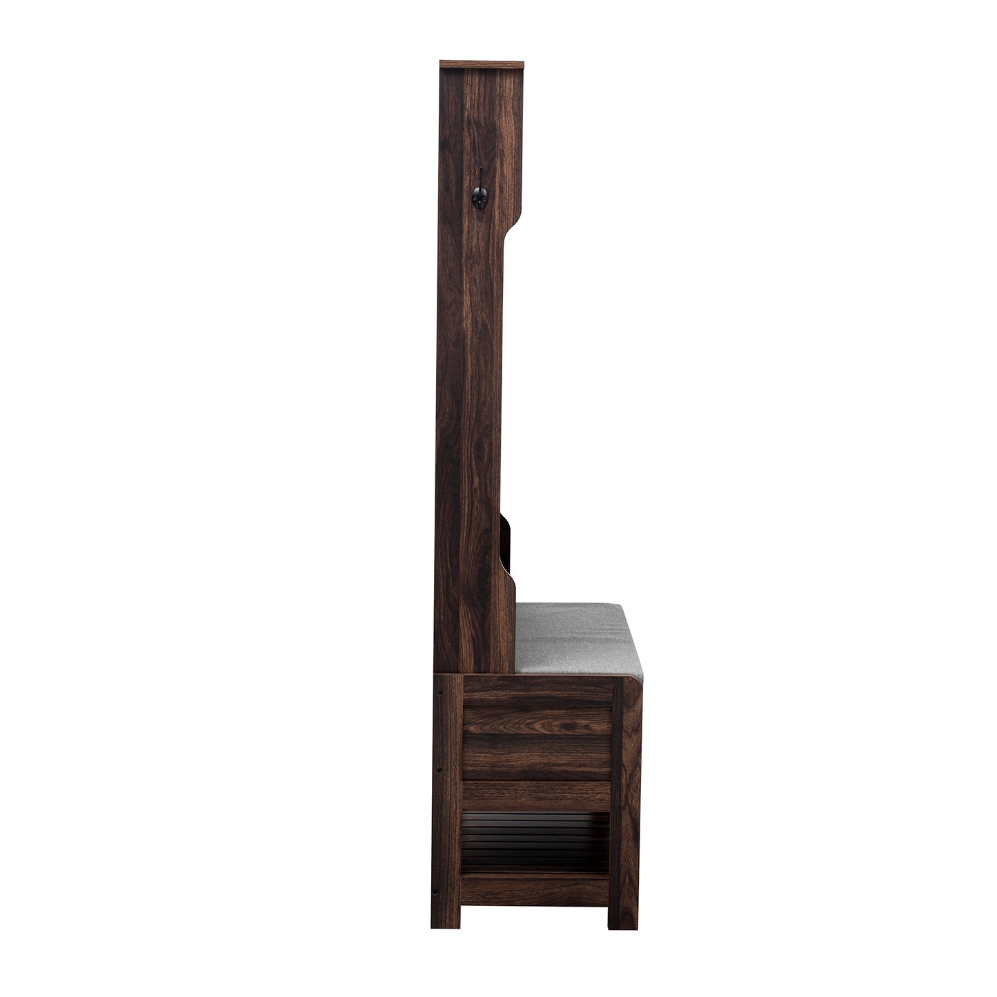 Dark wood entryway bench with gray upholstered seat and storage shelf