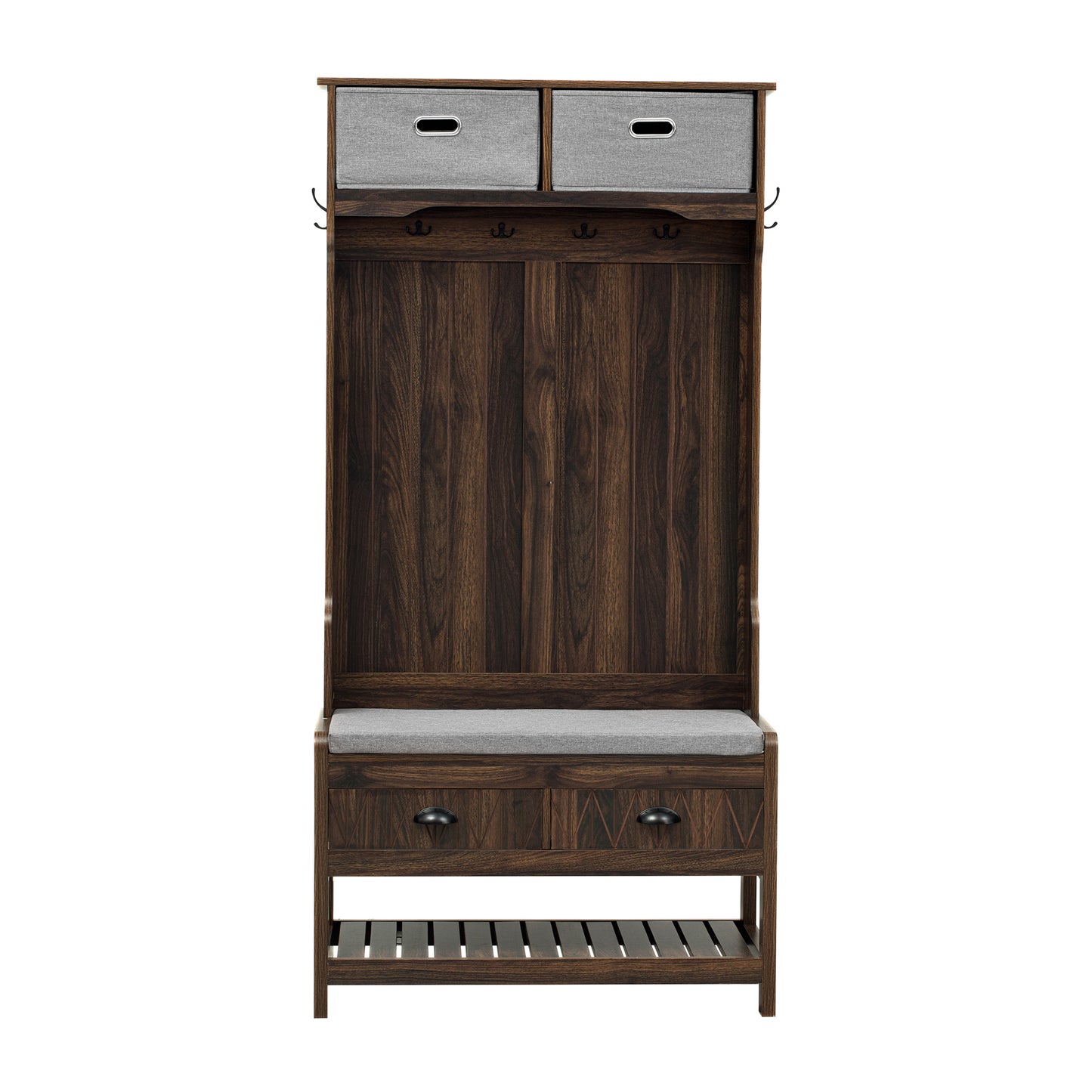 Dark brown wood hall tree with grey fabric drawers and bench