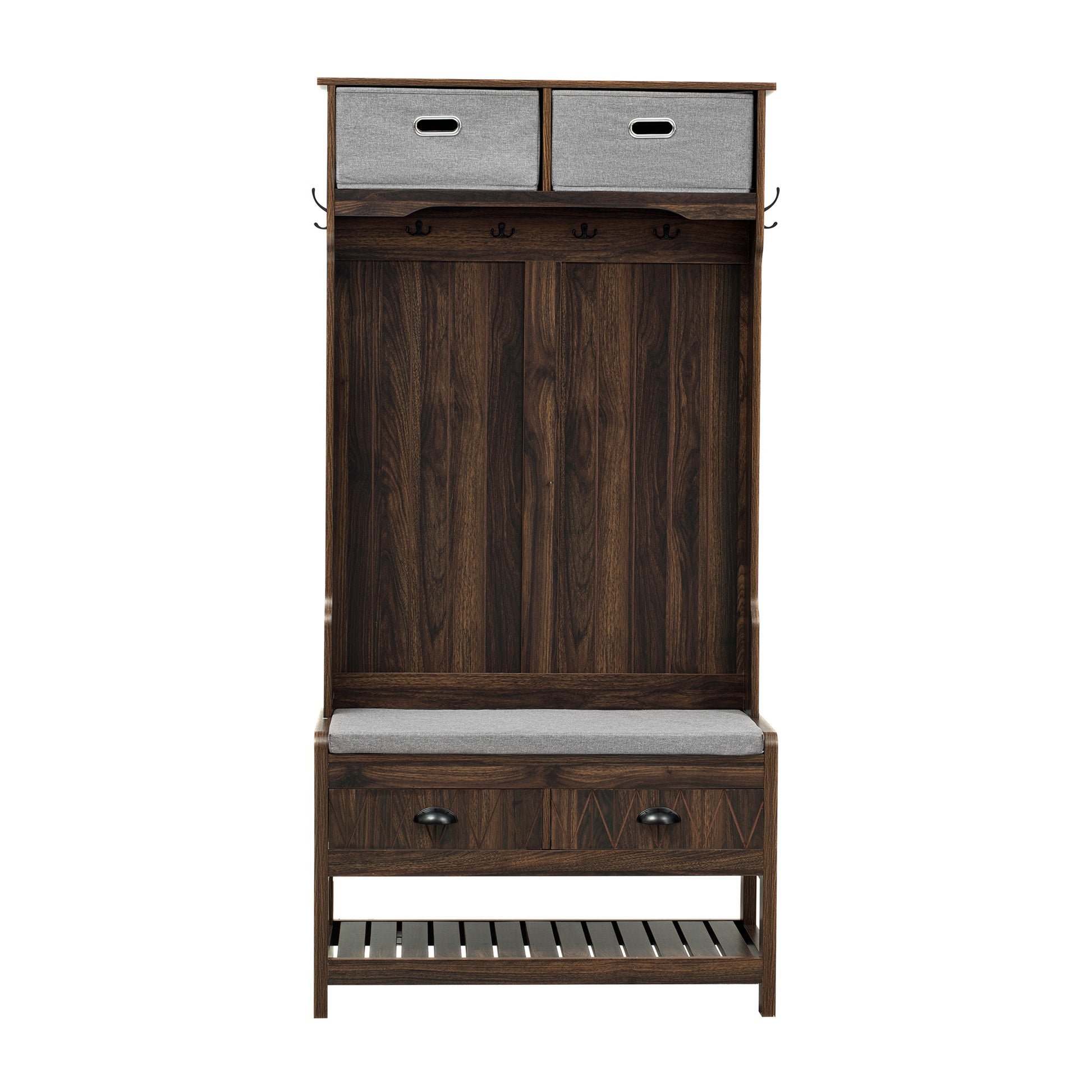 Dark brown wood hall tree with grey fabric drawers and bench