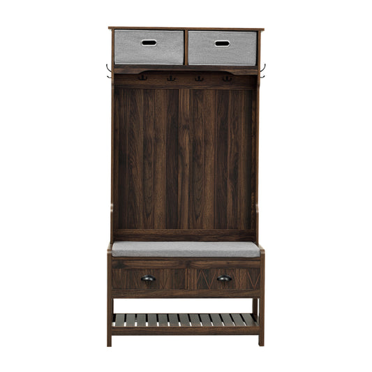 Dark brown wood hall tree with grey fabric drawers and bench