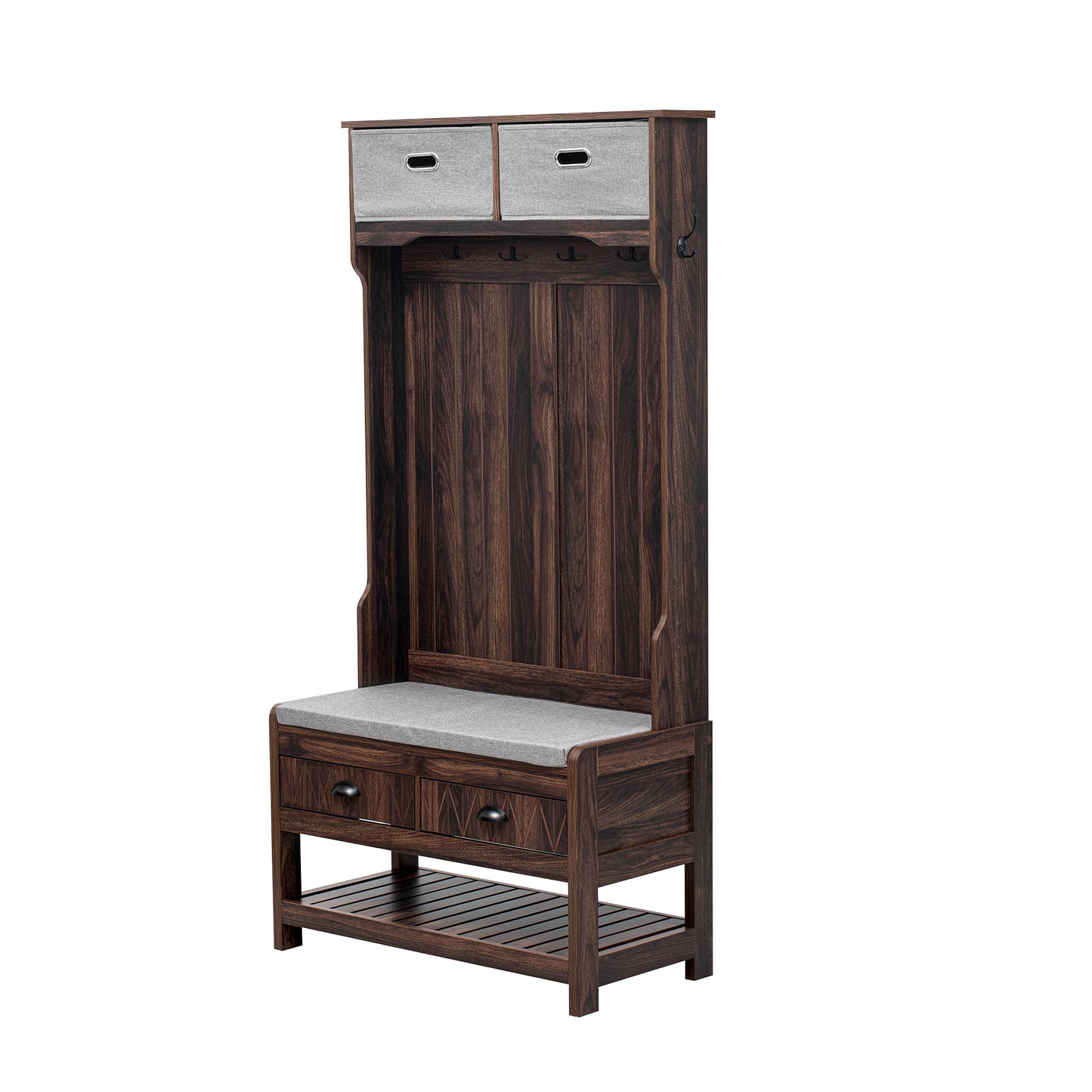 Dark wood hall tree bench with cushioned seat and dual storage drawers