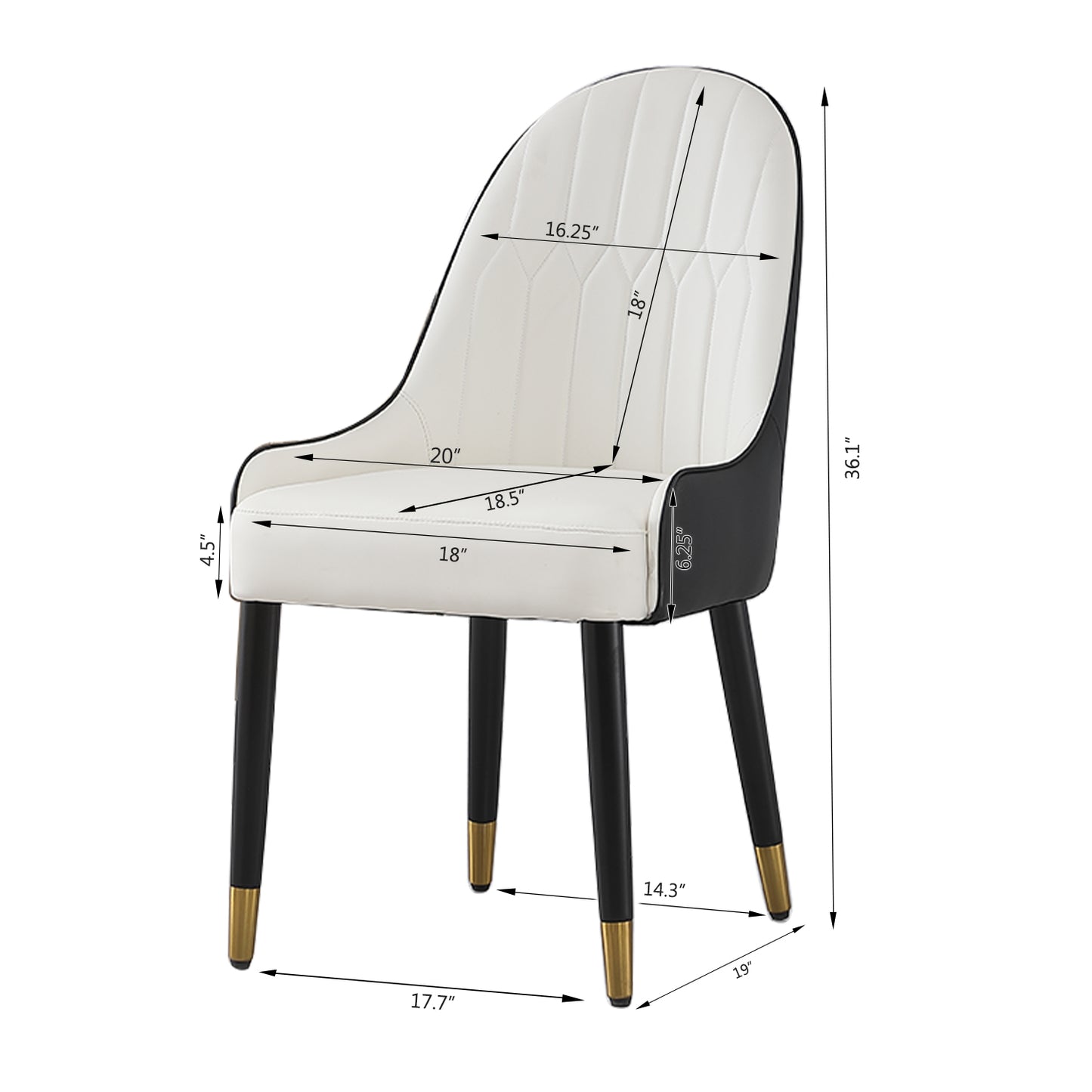 White upholstered dining chair with black legs and gold accents
