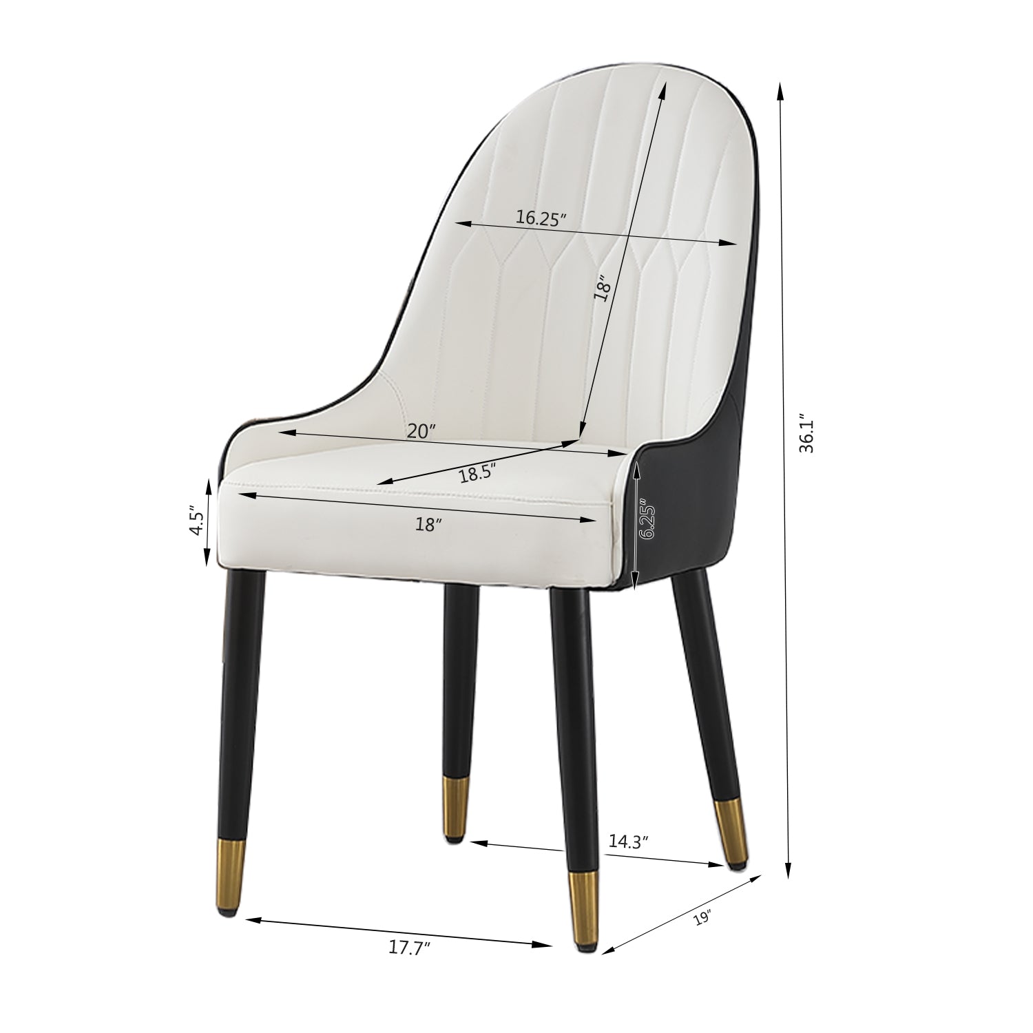 White upholstered dining chair with black legs and gold accents