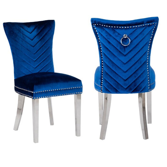 Royal blue velvet dining chair with chevron back and silver studs