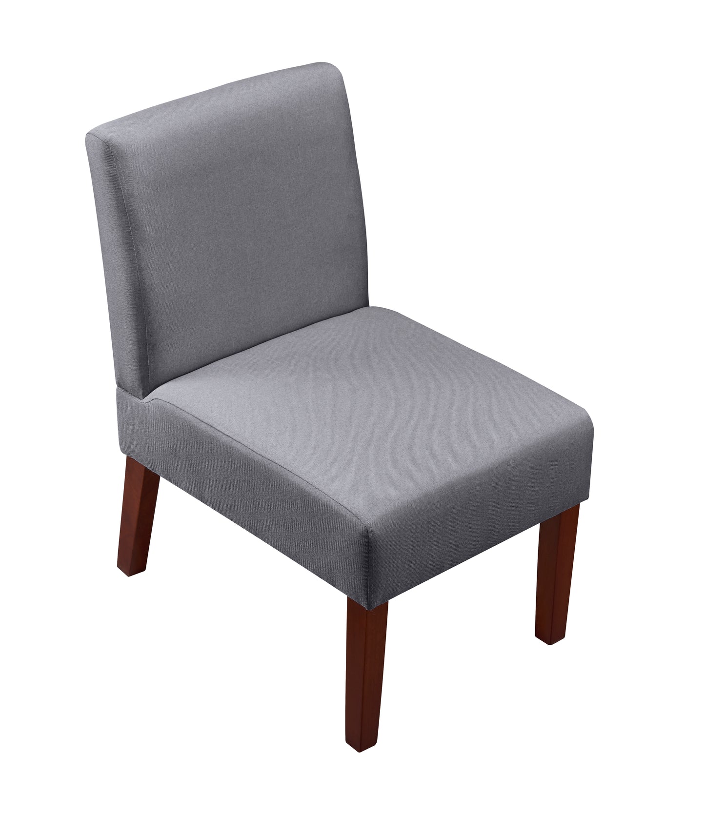 Gray fabric accent chair with wooden legs