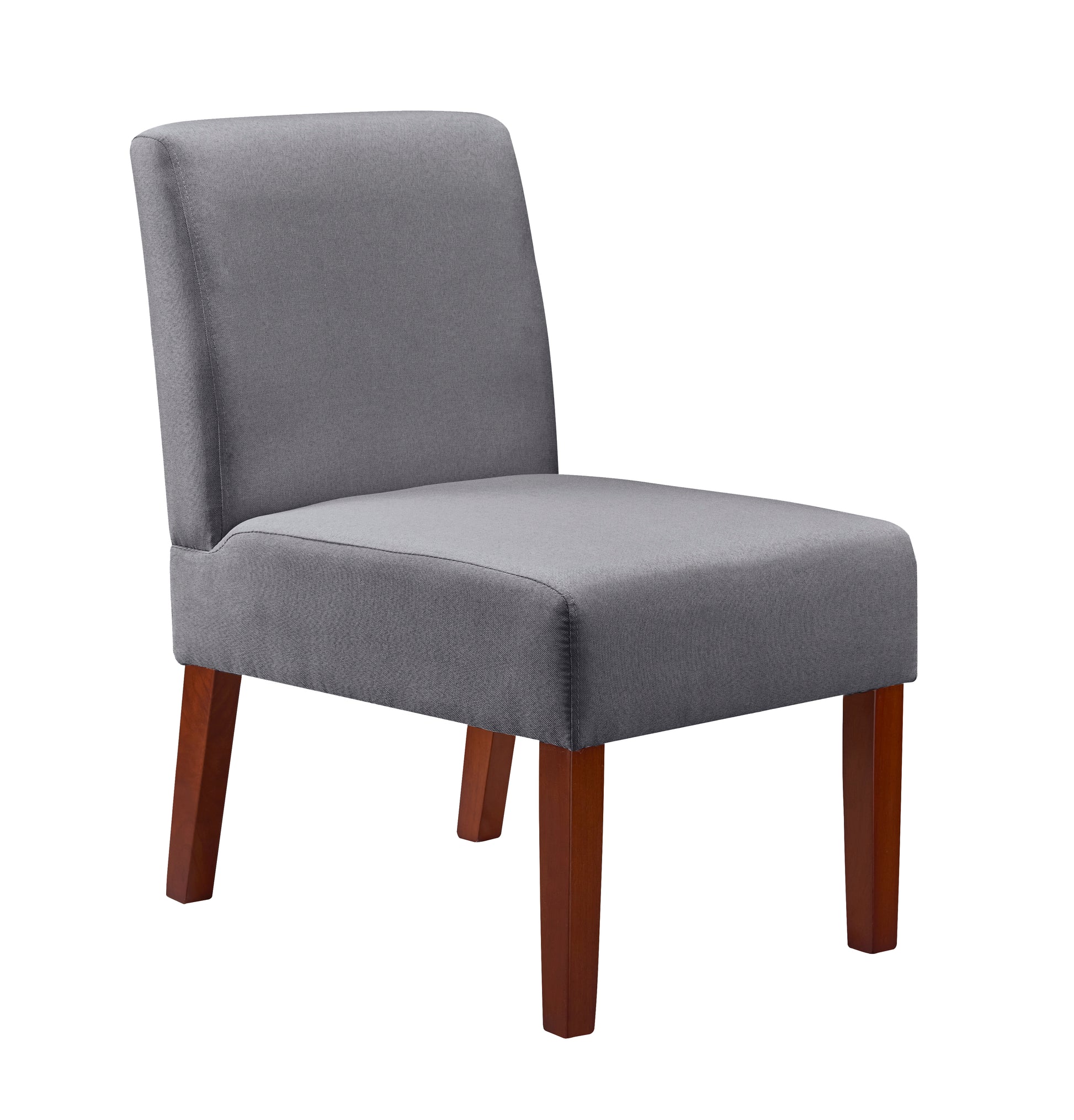 Grey upholstered accent chair with dark wood legs