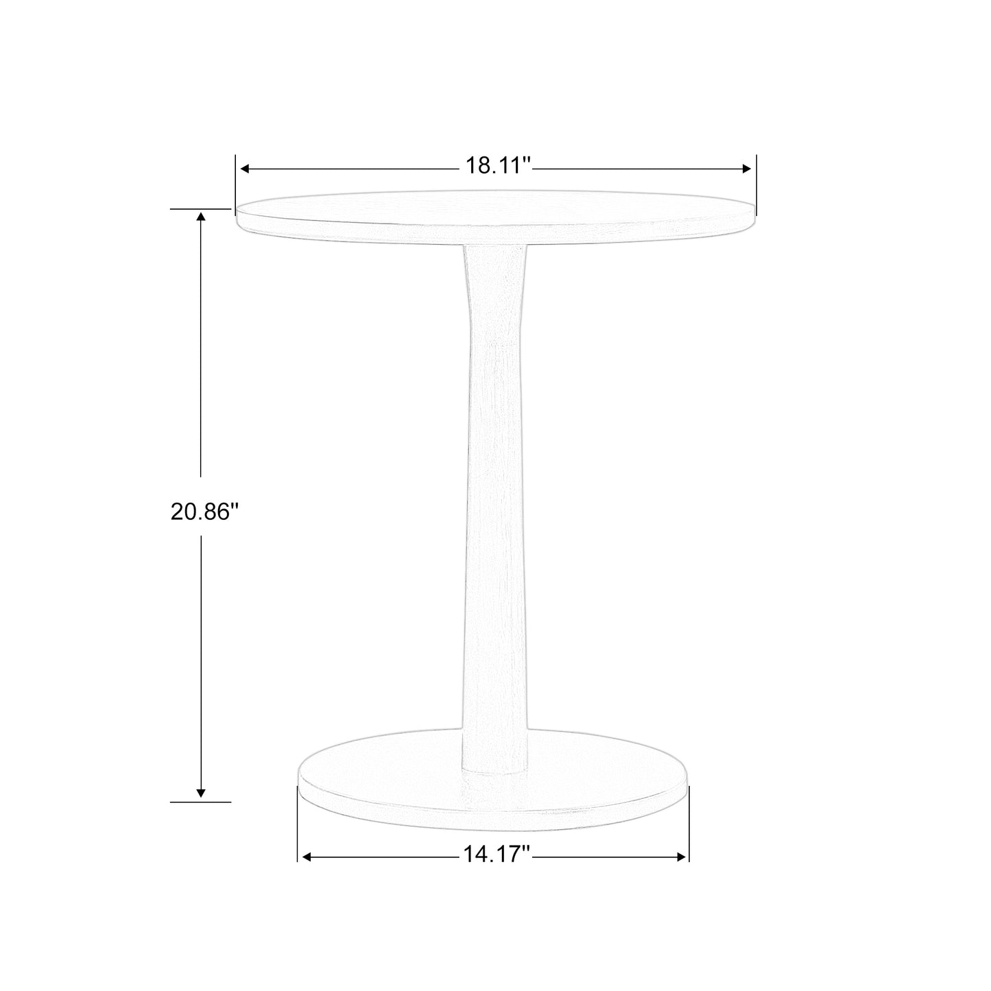 Sketch of a round pedestal side table with dimensions