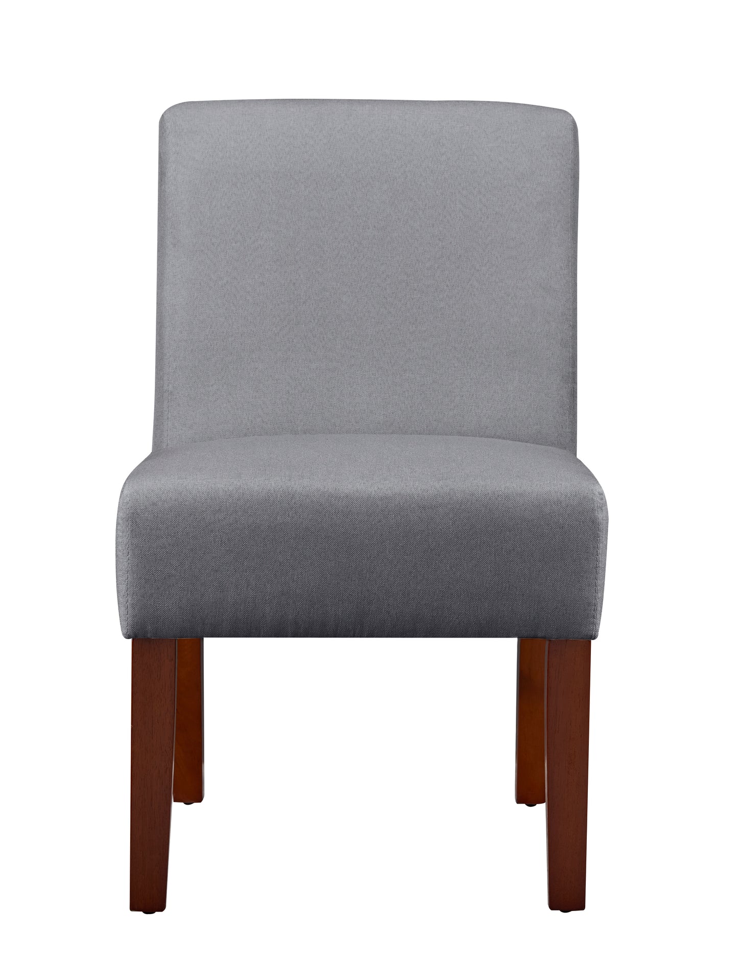Gray fabric accent chair with dark wood legs