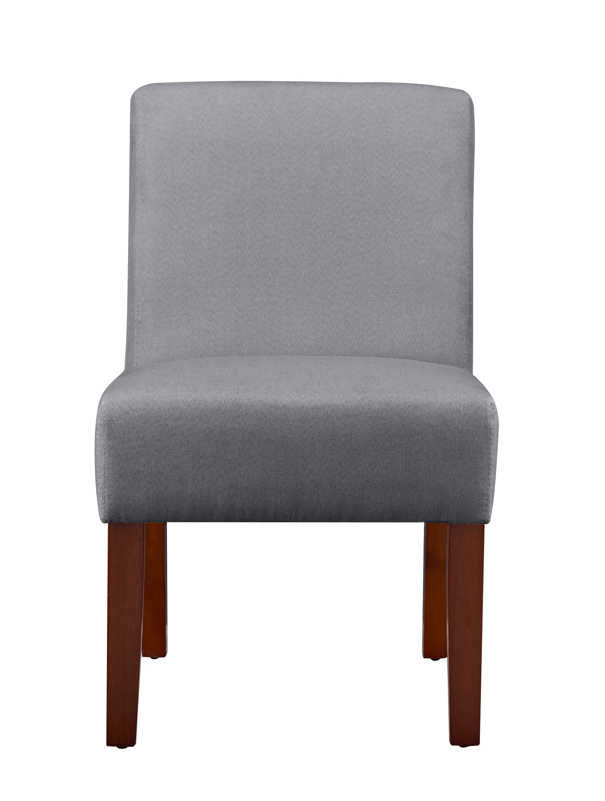Gray fabric accent chair with dark wood legs