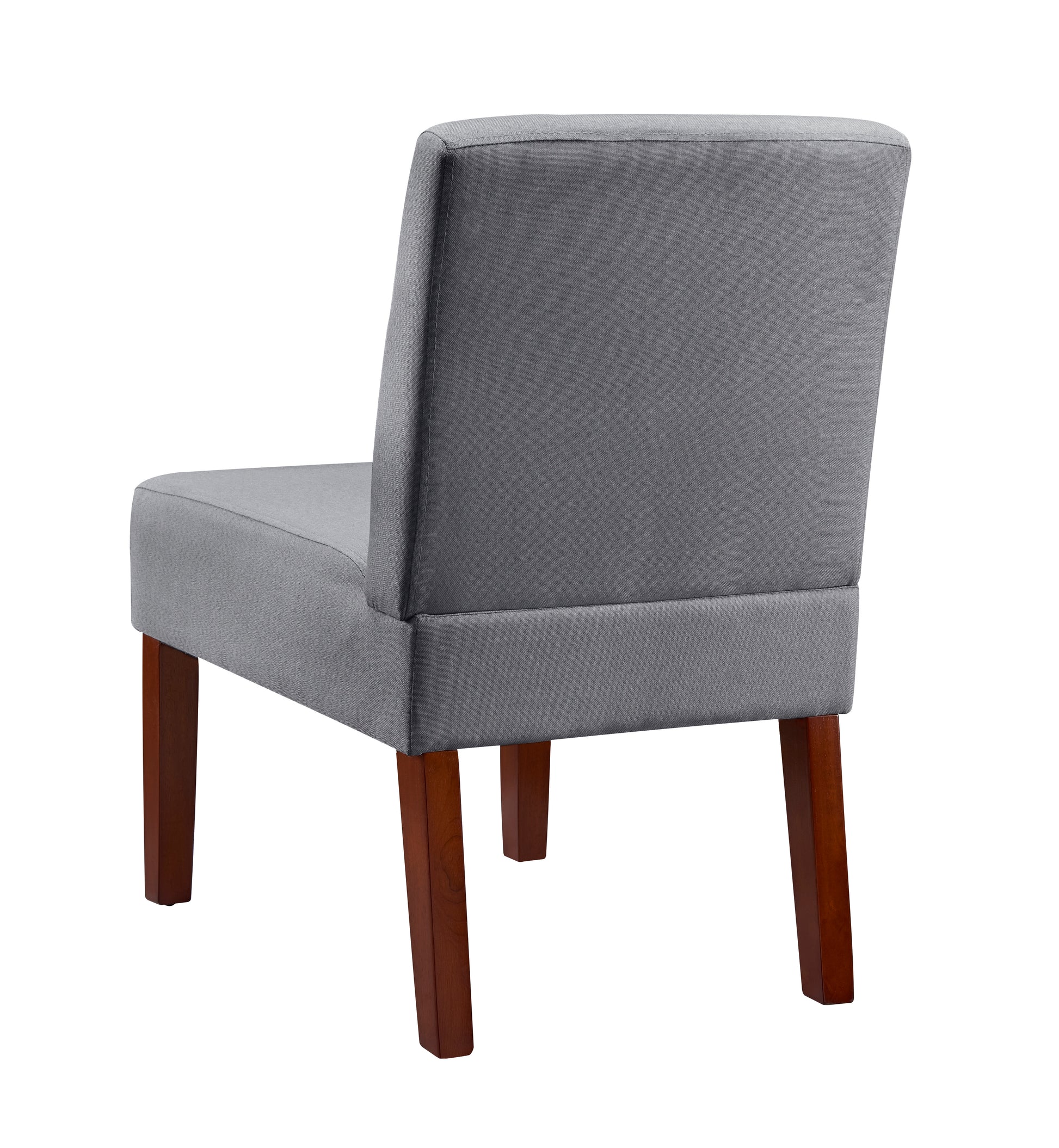 Grey fabric accent chair with wooden legs from the back view