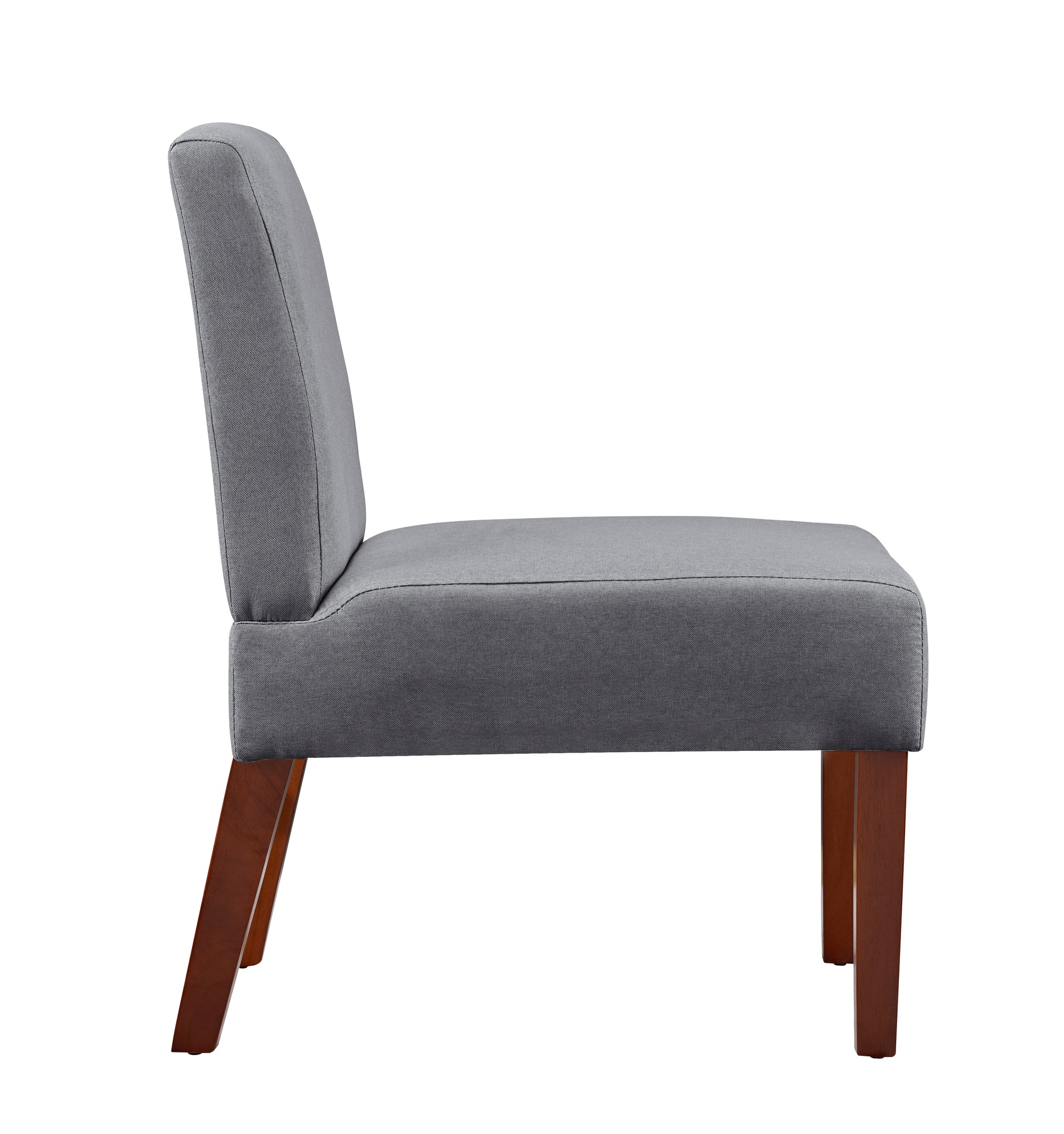 Gray fabric dining chair with wooden legs