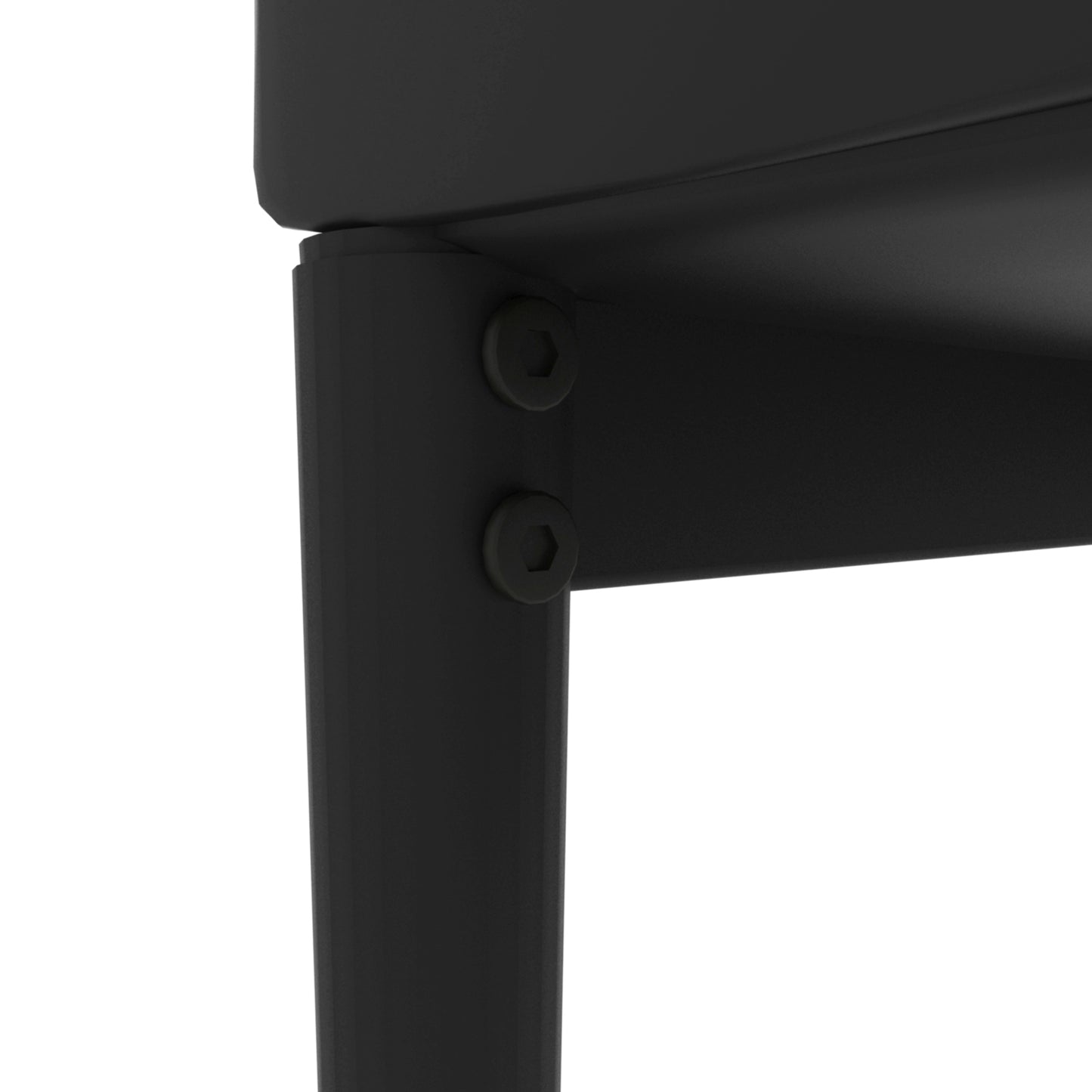 Closeup of black metal furniture leg detail with visible hex screws
