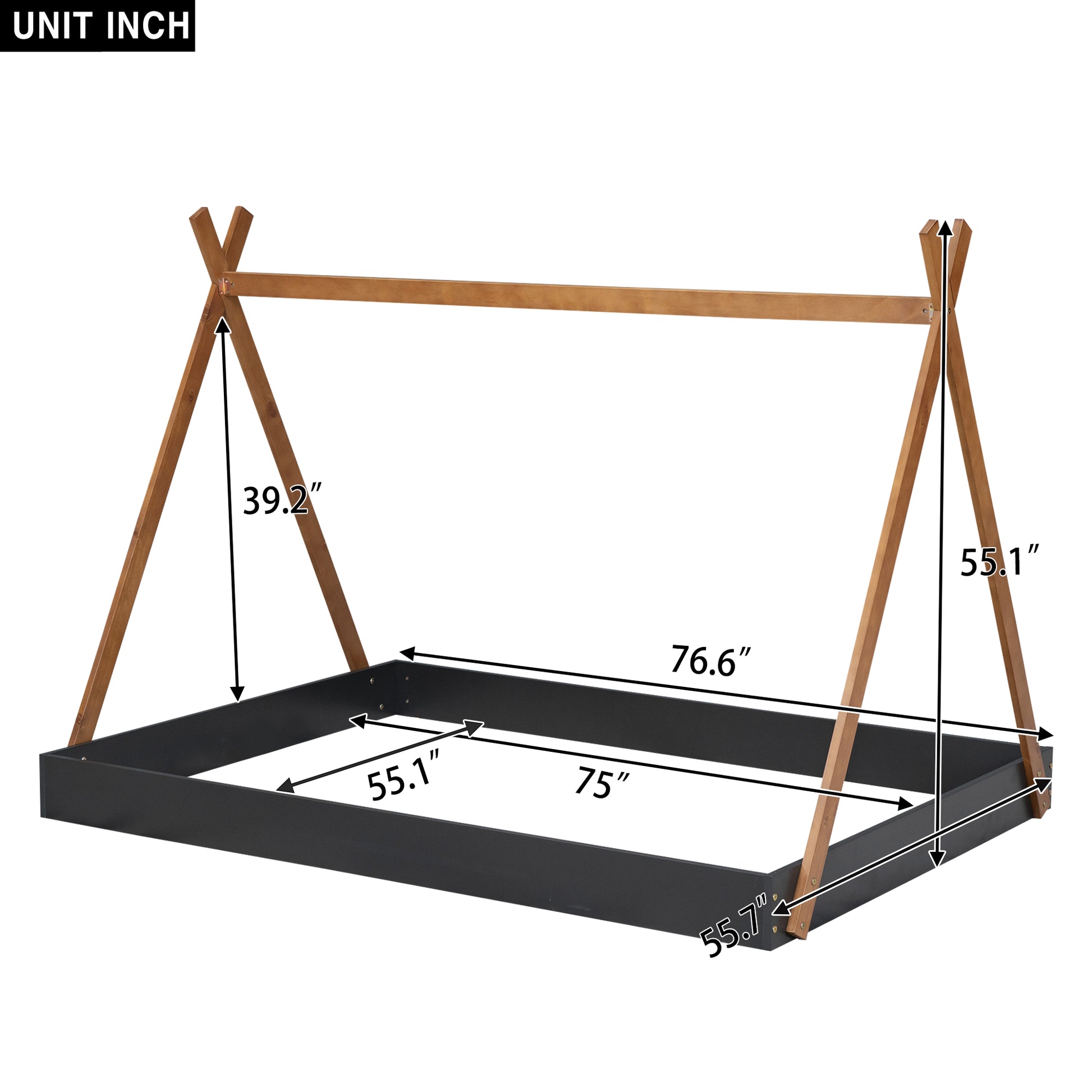 Wooden teepee bed frame with black base