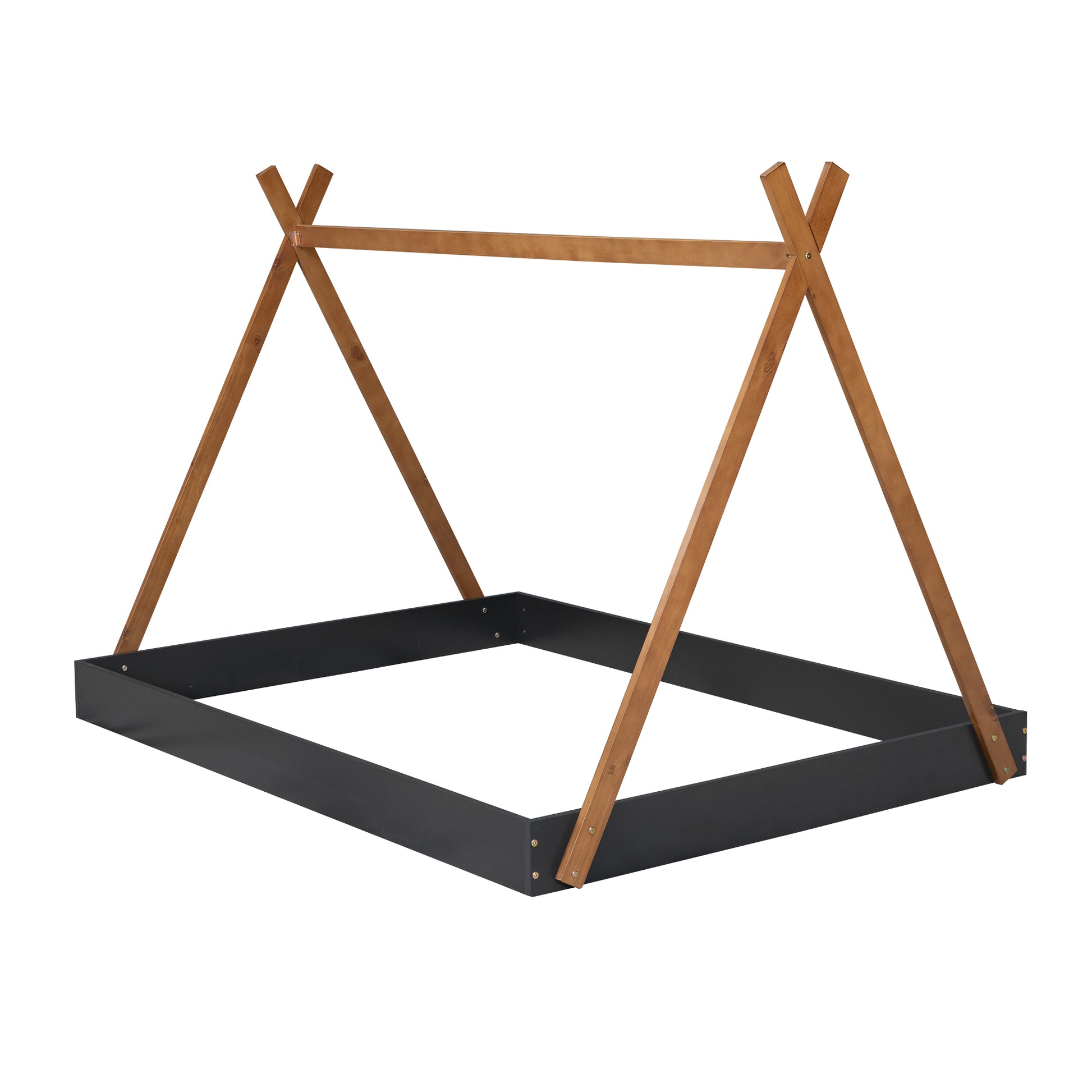 Wooden teepee bed frame with dark gray base