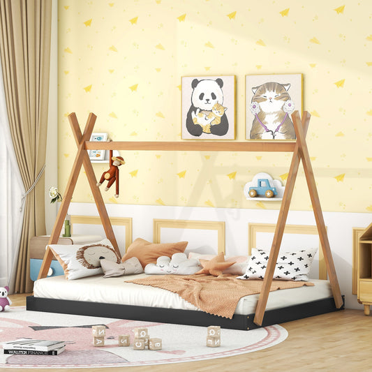Wooden teepee bed frame with white linens and childrens bedding