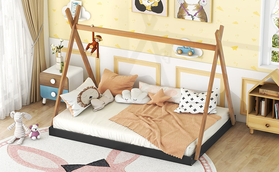 Wooden teepee bed frame for kids with playful pillows