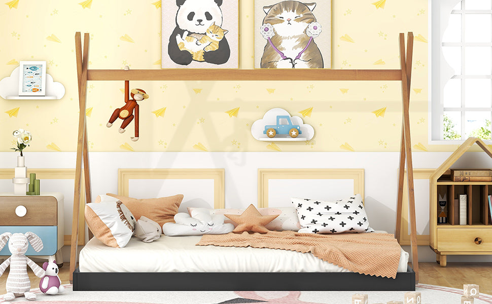Wooden canopy bed frame with playful childrens room decor