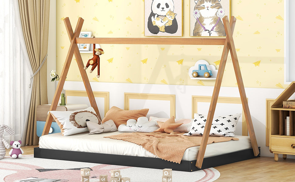Wooden teepee twin bed frame with animalthemed pillows