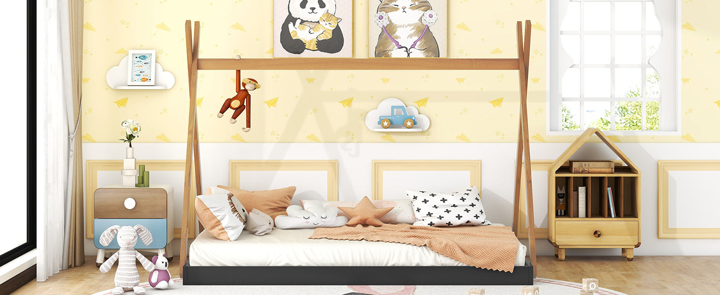 Kids teepee bed frame with whimsical animal art and playful decor