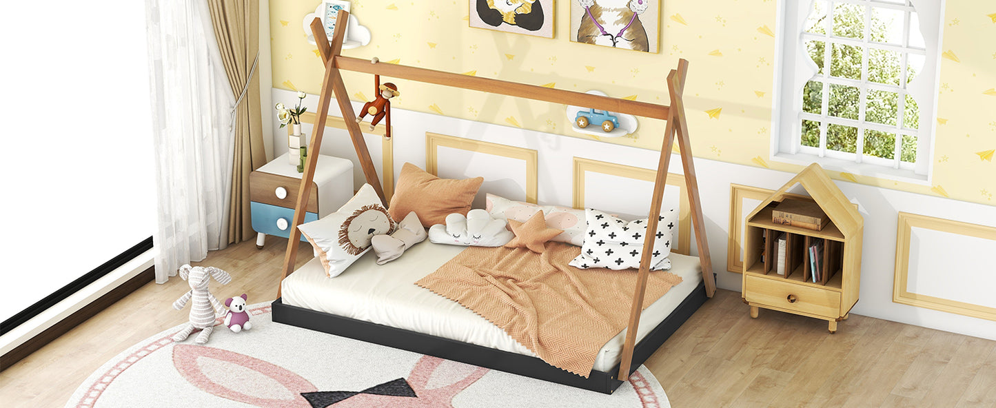 Wooden teepee kids bed frame with playful bedding and stuffed animals