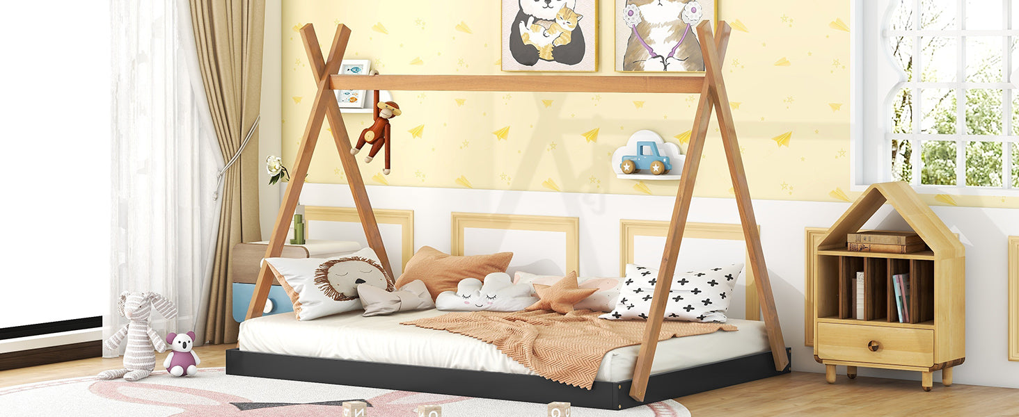 Wooden teepee kids bed with playful pillows and stuffed animals