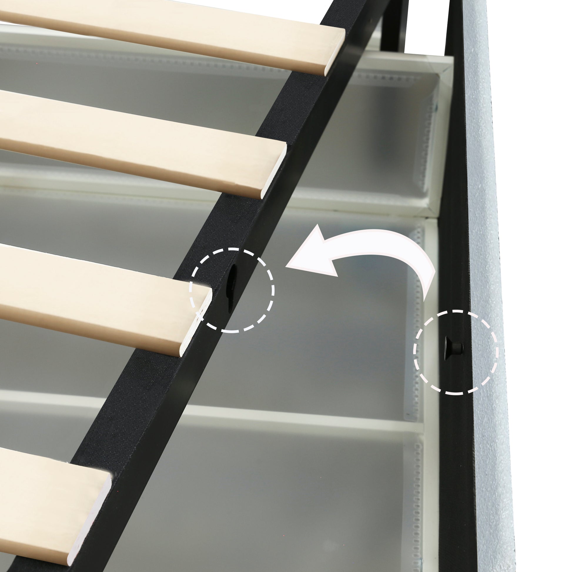 Metal bed frame with wooden slats and attachment points
