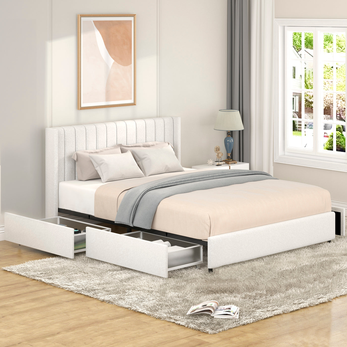 White upholstered platform bed frame with integrated storage drawers