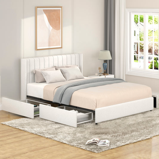 White upholstered platform bed frame with integrated storage drawers