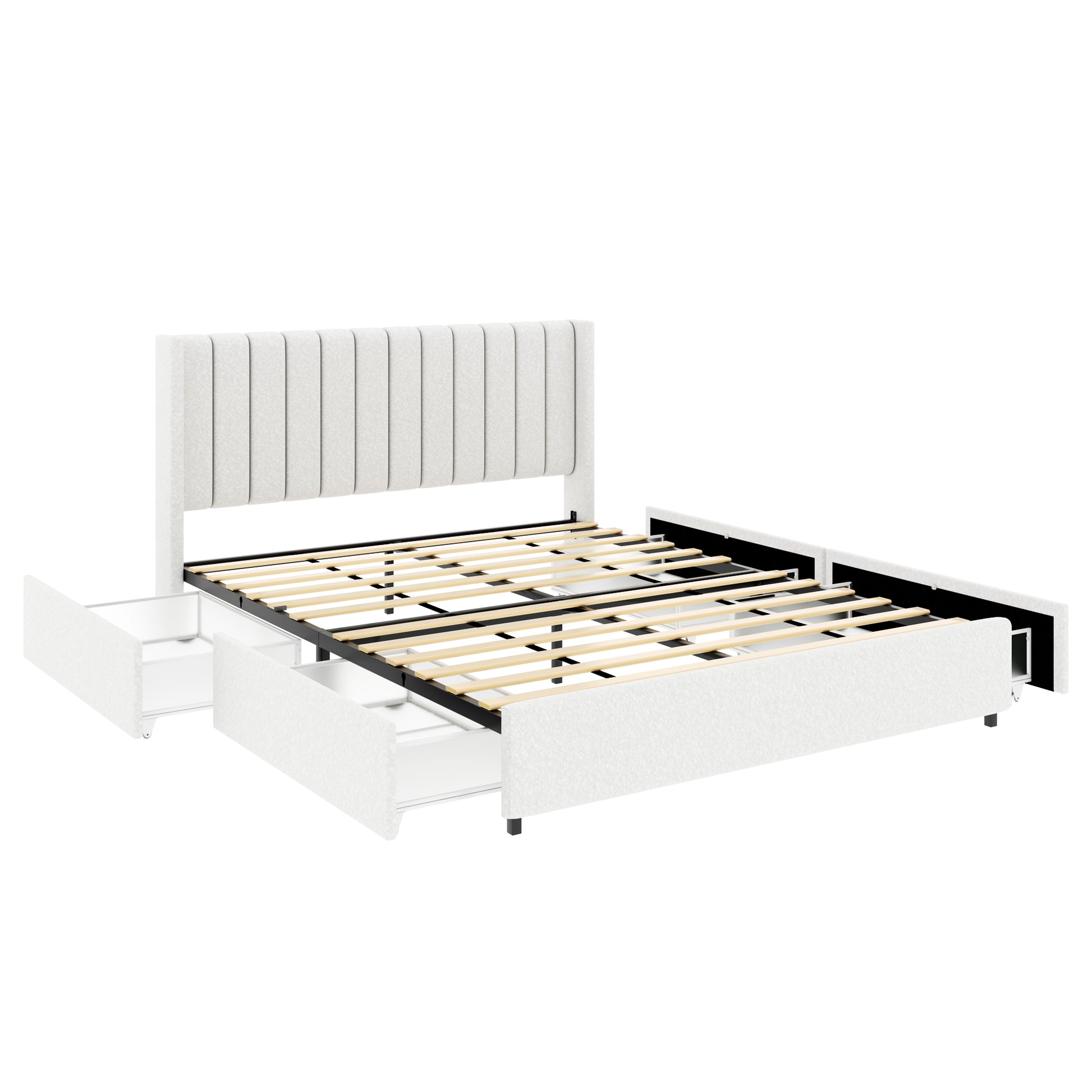 White upholstered storage bed frame with plush headboard and three open drawers