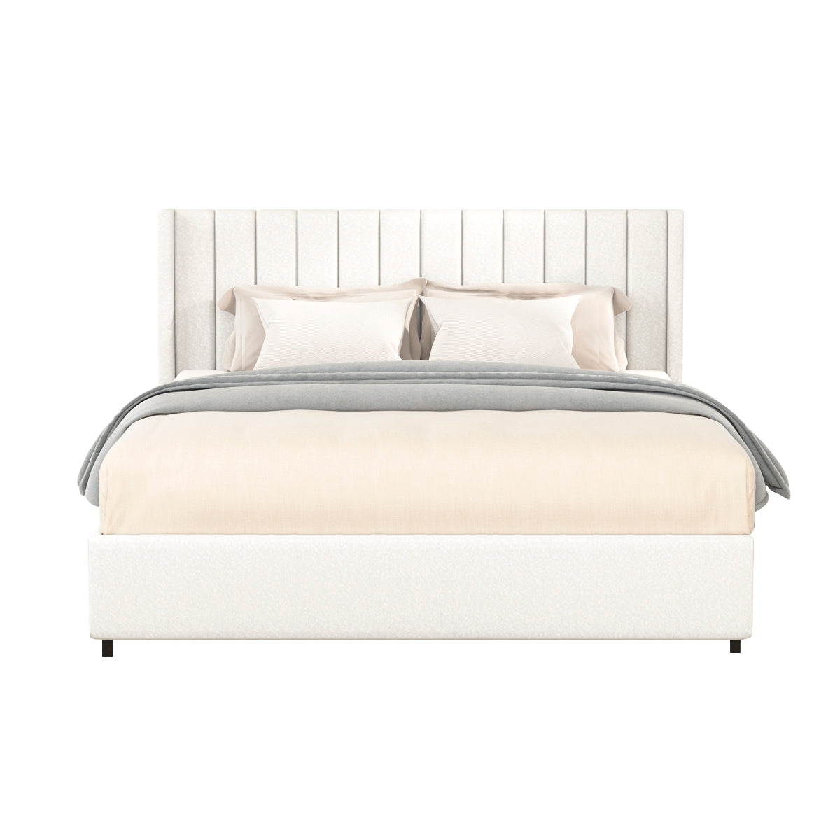 White upholstered platform bed with vertical channel headboard beige linens