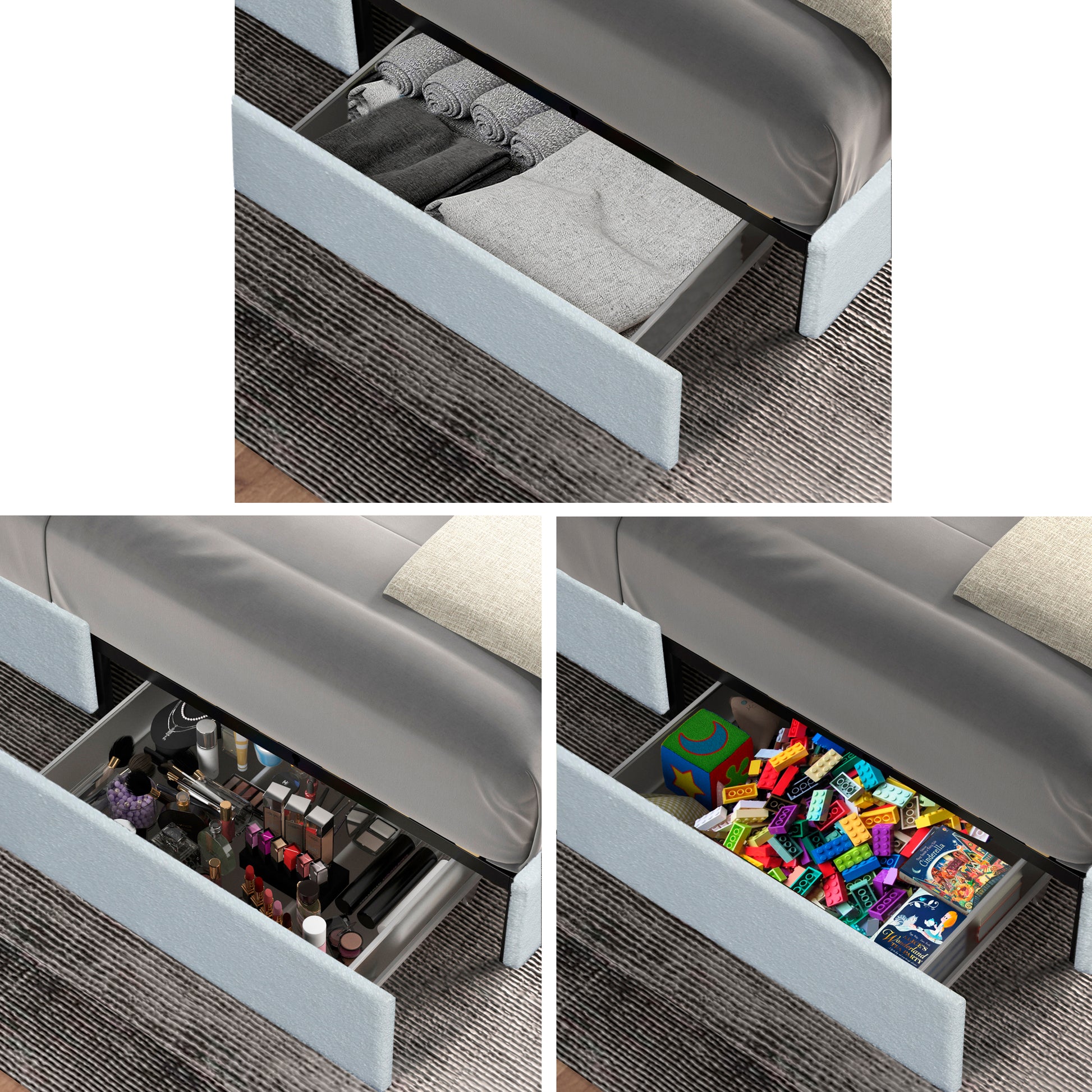 Light blue upholstered bed frame with open storage drawer filled with neatly rolled towels