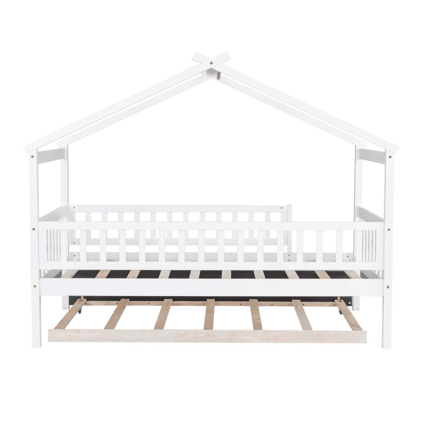 White wooden house bed frame with pullout trundle