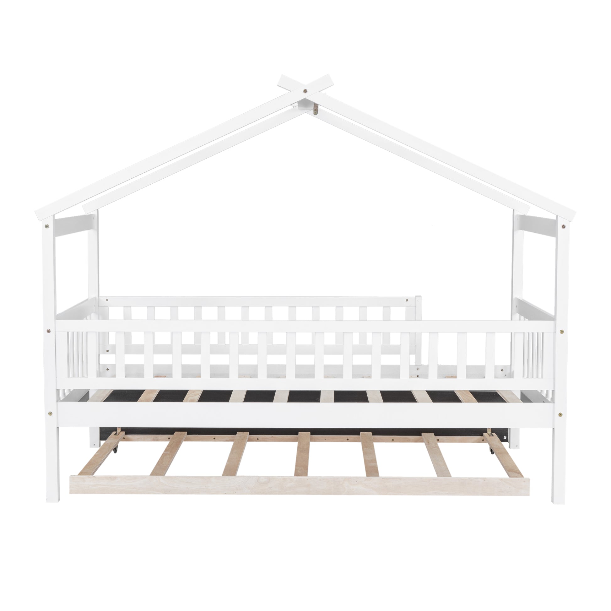 White wooden house bed frame with pullout trundle