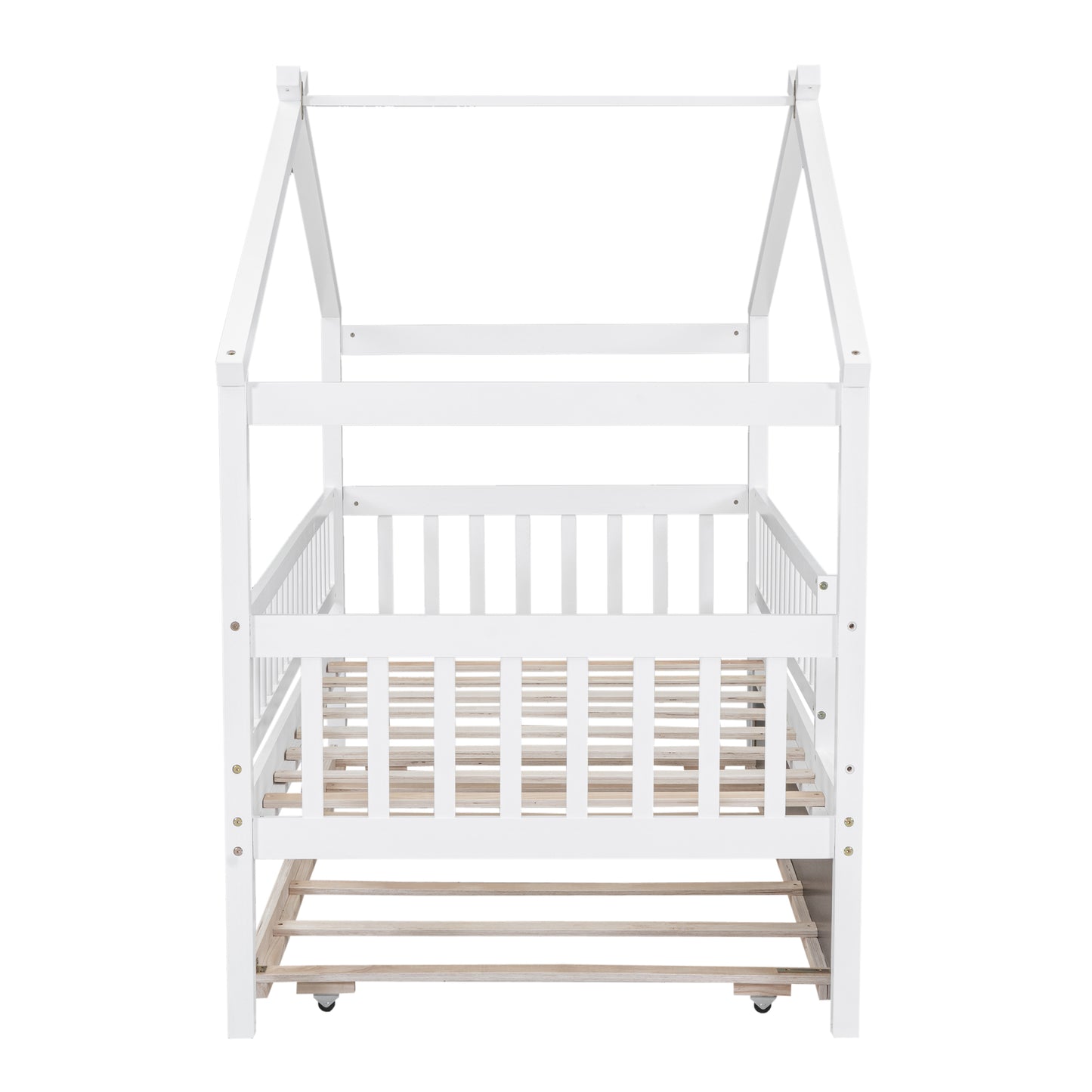 White wooden house bed frame with slatted base and wheels