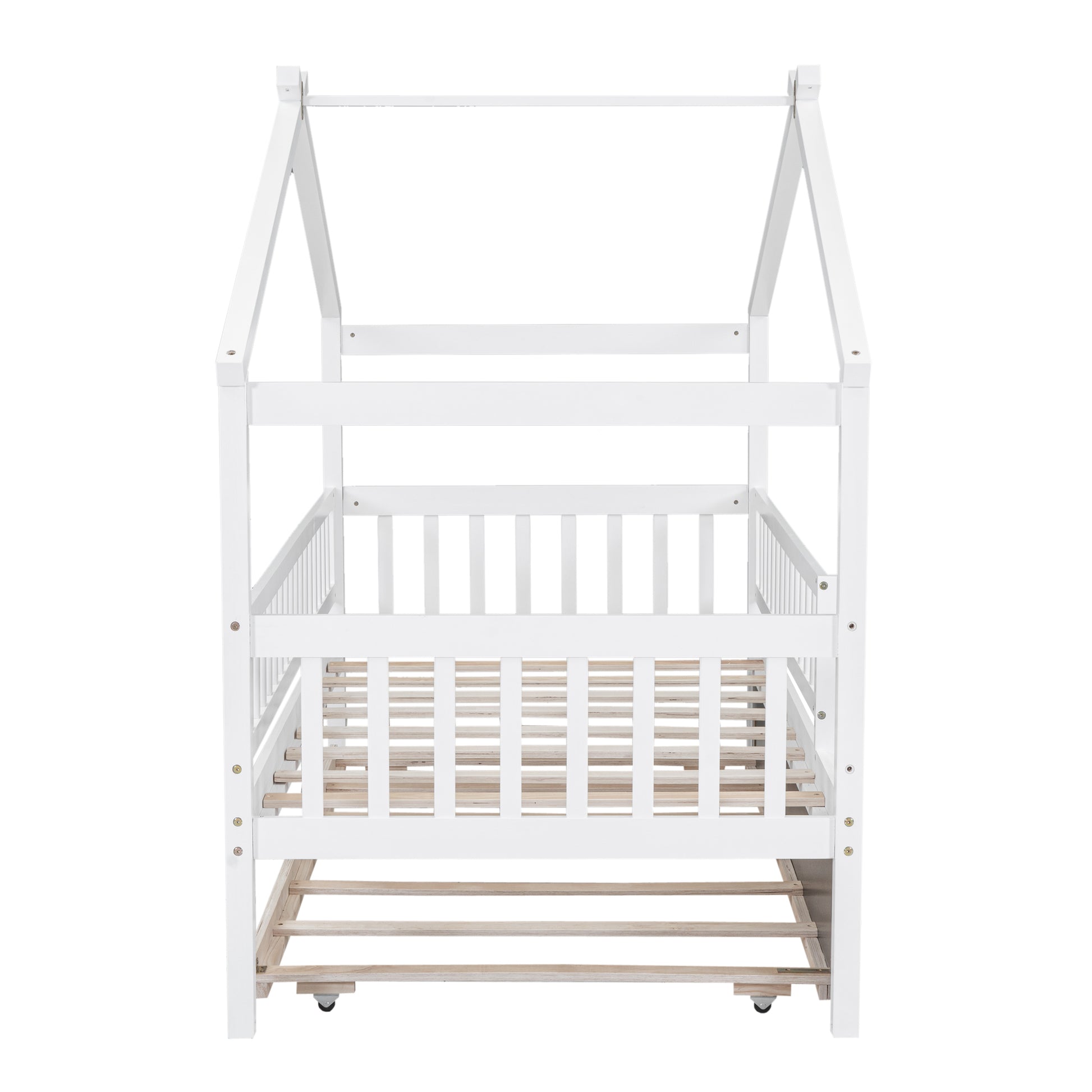 White wooden house bed frame with slatted base and wheels