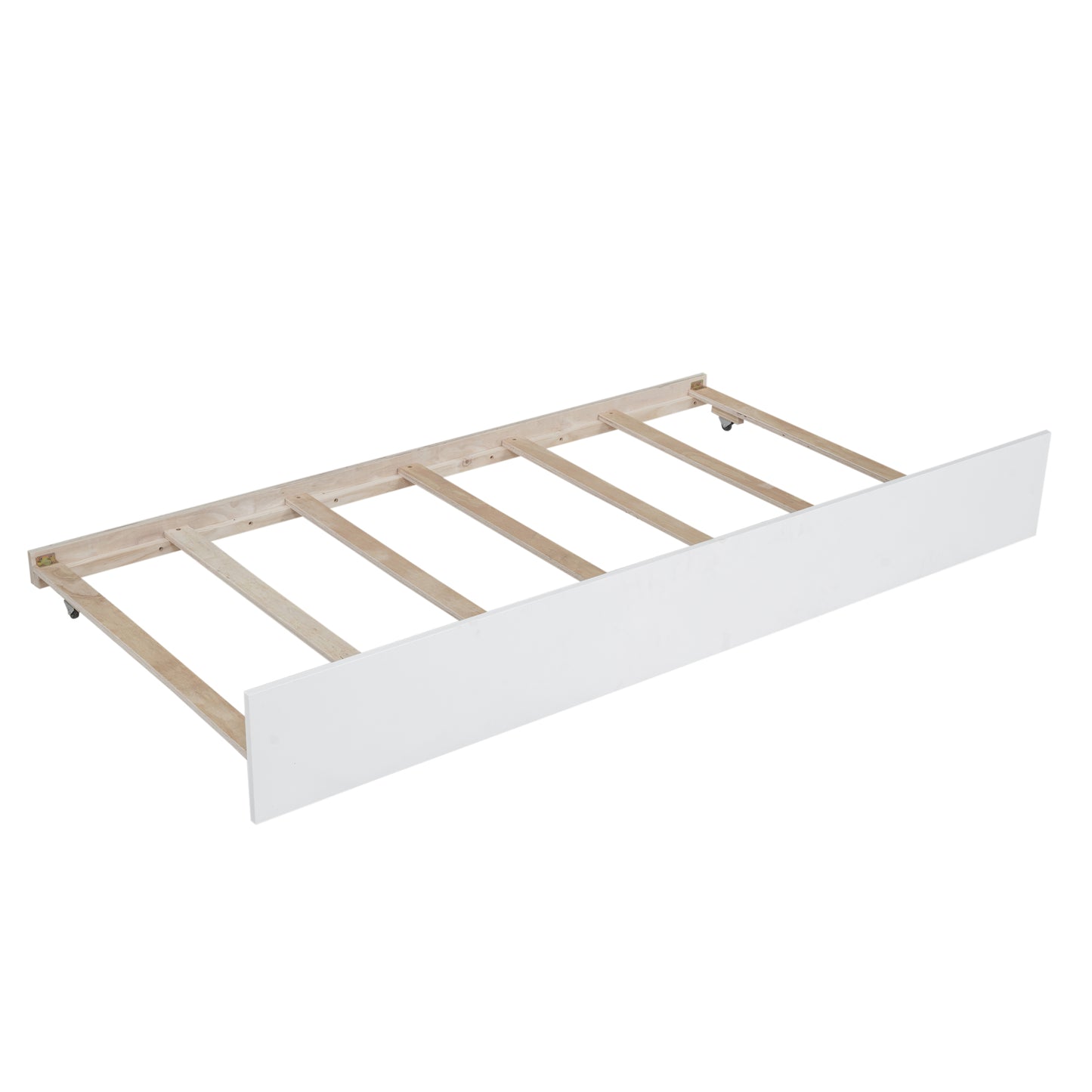 White wooden bed frame with caster wheels and support slats