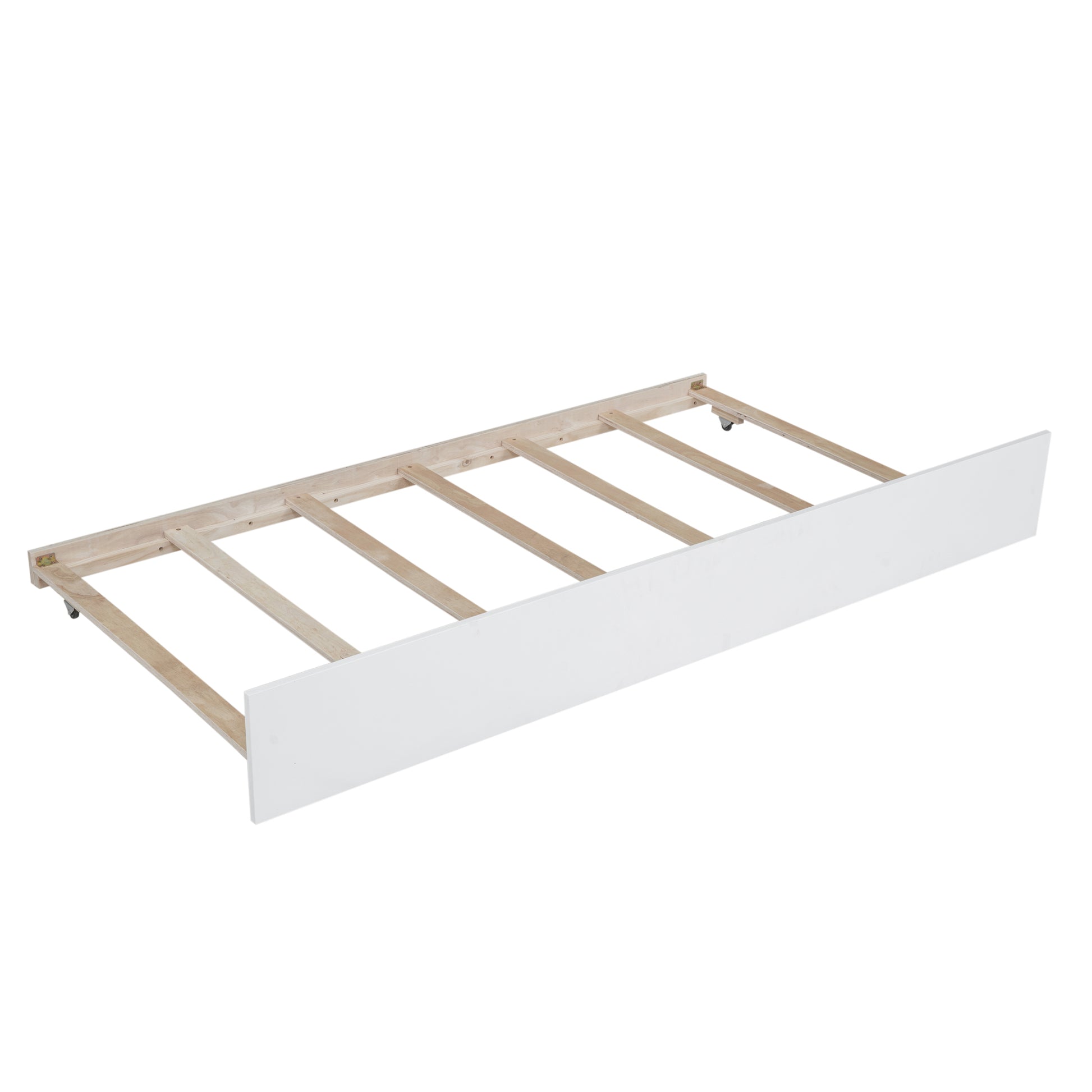 White wooden bed frame with caster wheels and support slats