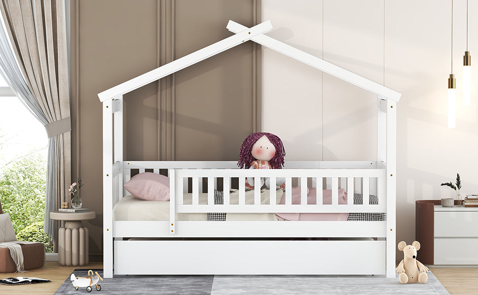 White wooden house bed frame with safety rails and pullout drawer
