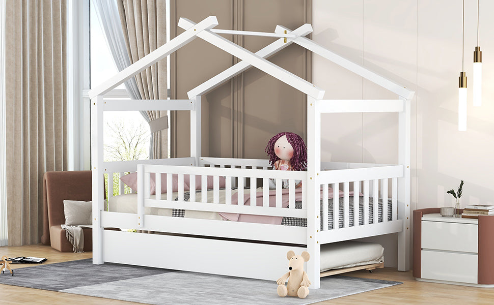 White wooden house bed frame with pullout trundle for kids