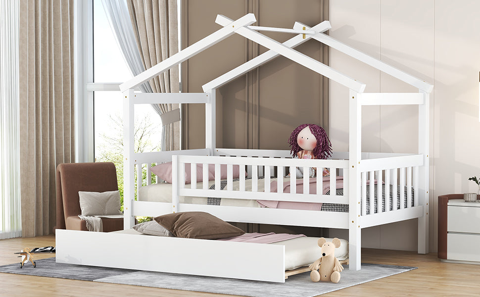 White wooden house bed frame with pullout trundle