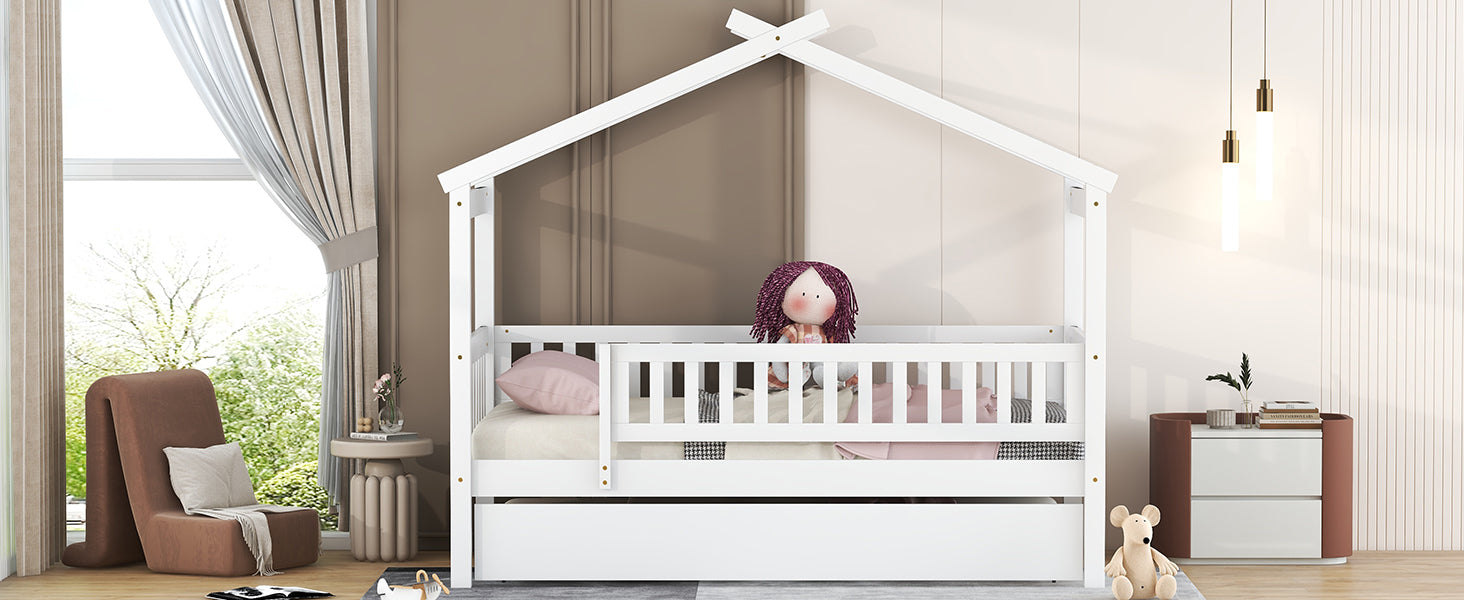 White wooden house bed frame with guardrails and pullout drawer