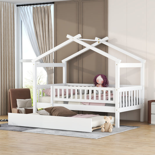 White wooden house bed frame with pullout trundle