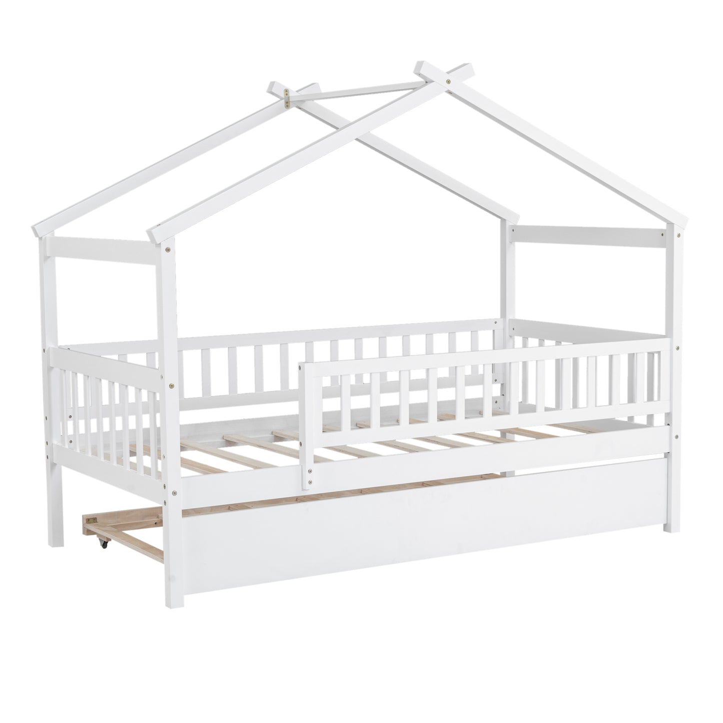 White wooden house bed frame with pullout trundle perfect for toddler bedrooms