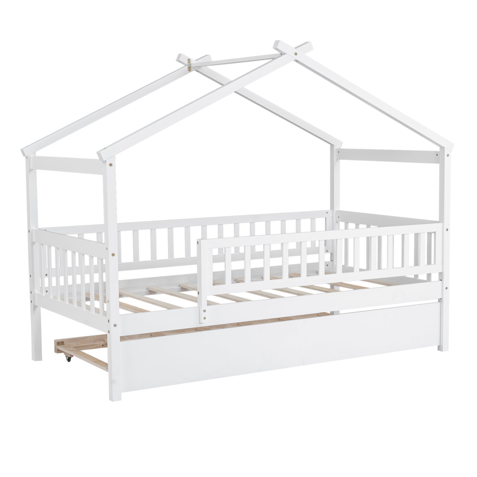 White wooden house bed frame with pullout trundle perfect for toddler bedrooms