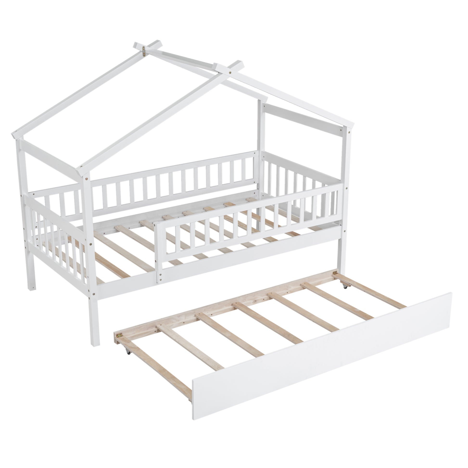 White wooden twin house bed frame with pullout trundle