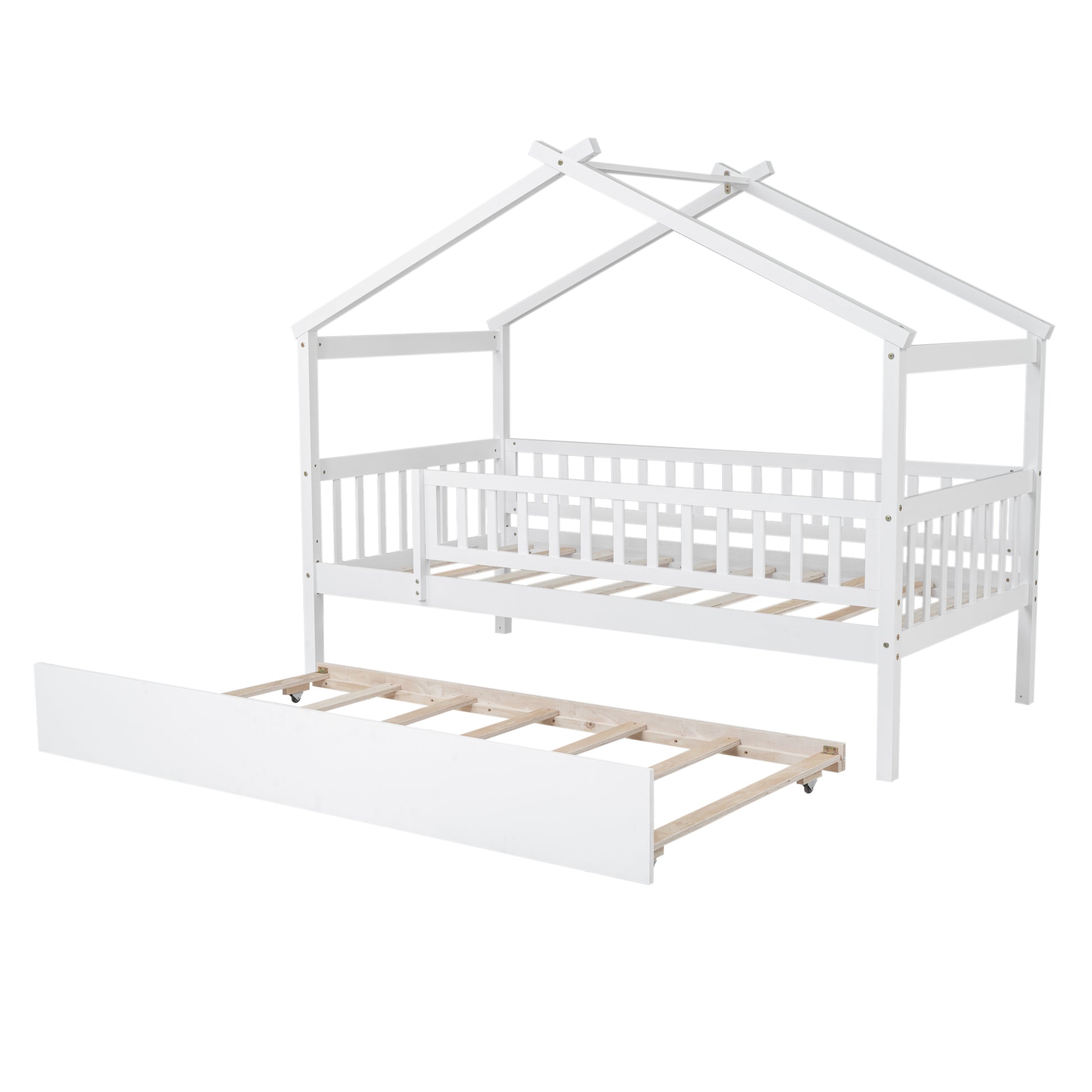 White wooden house bed frame with pullout trundle perfect for kids bedrooms