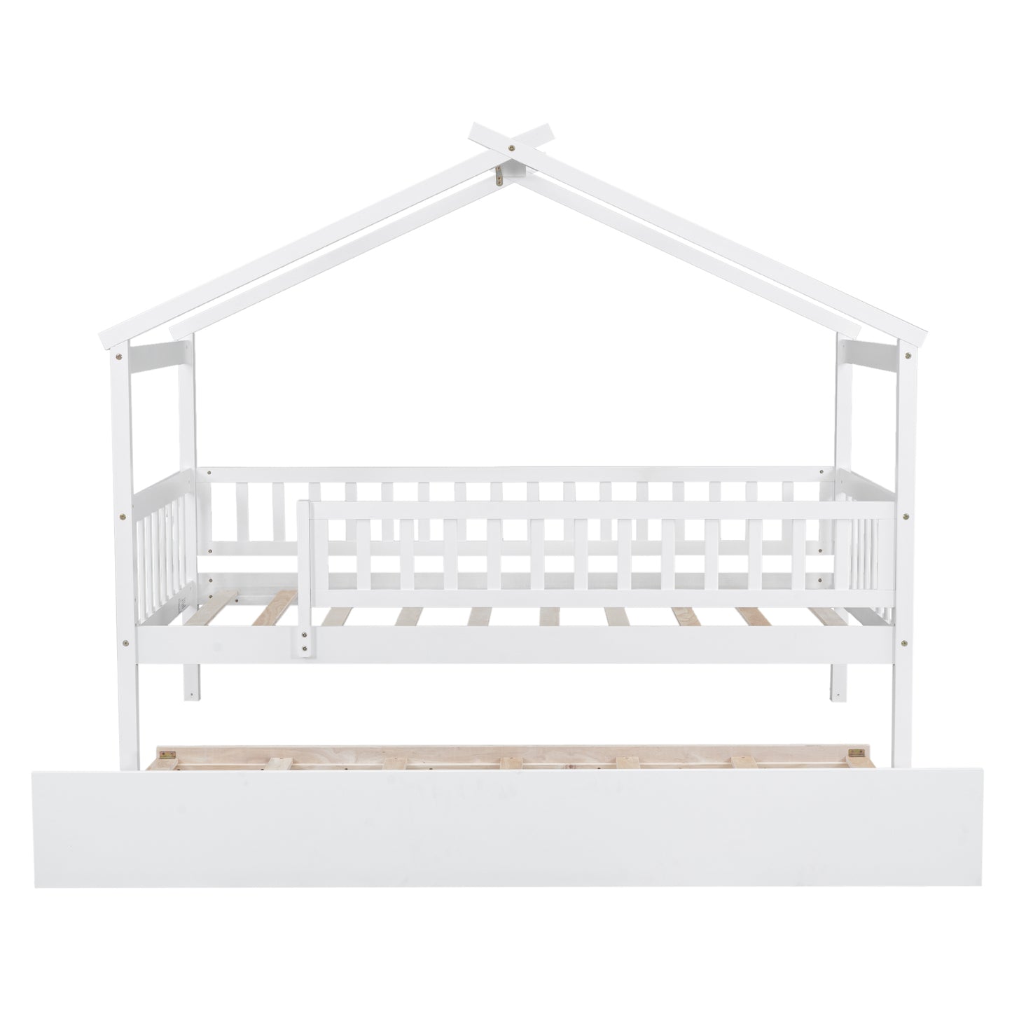 White wooden house bed frame with slatted sides and pullout trundle