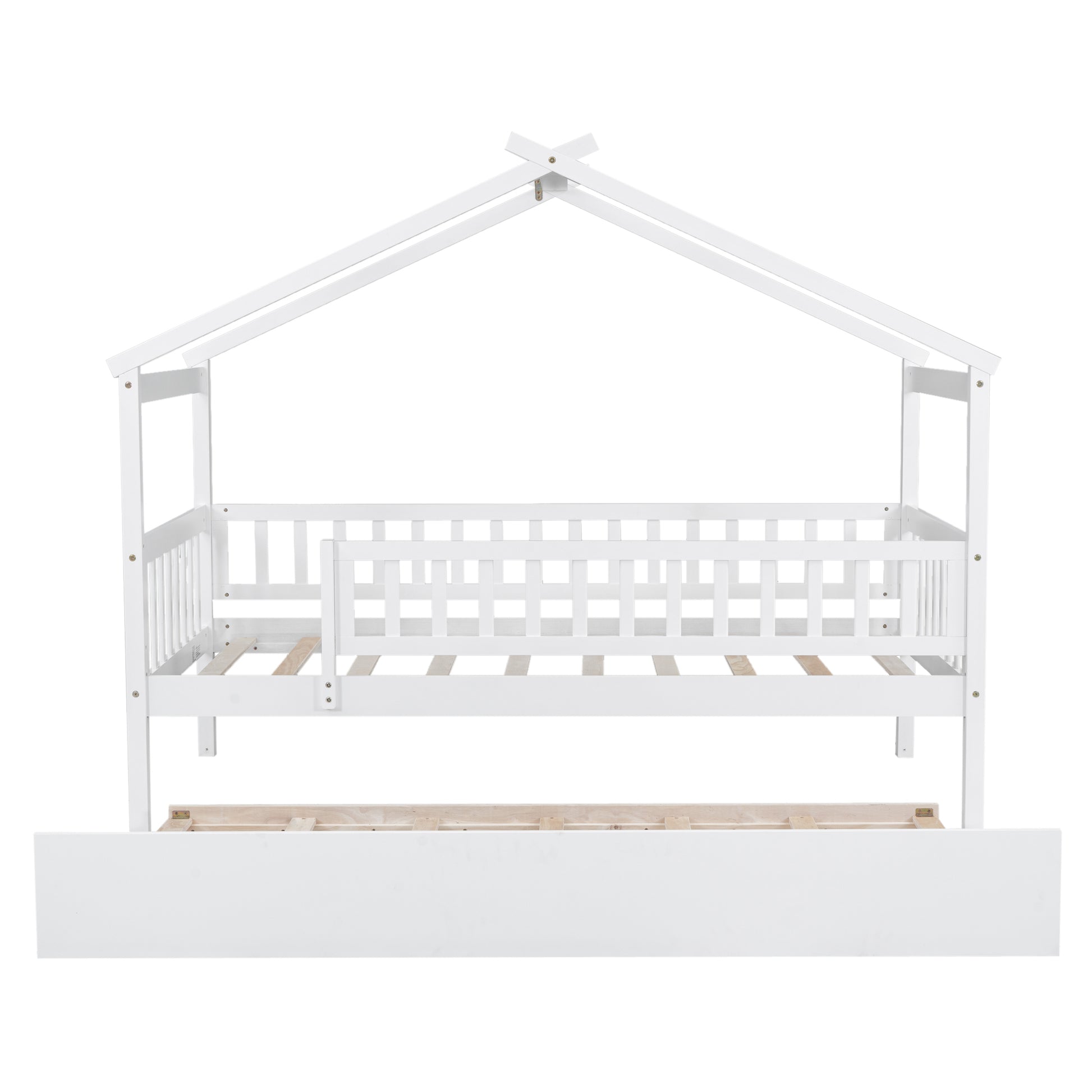 White wooden house bed frame with slatted sides and pullout trundle